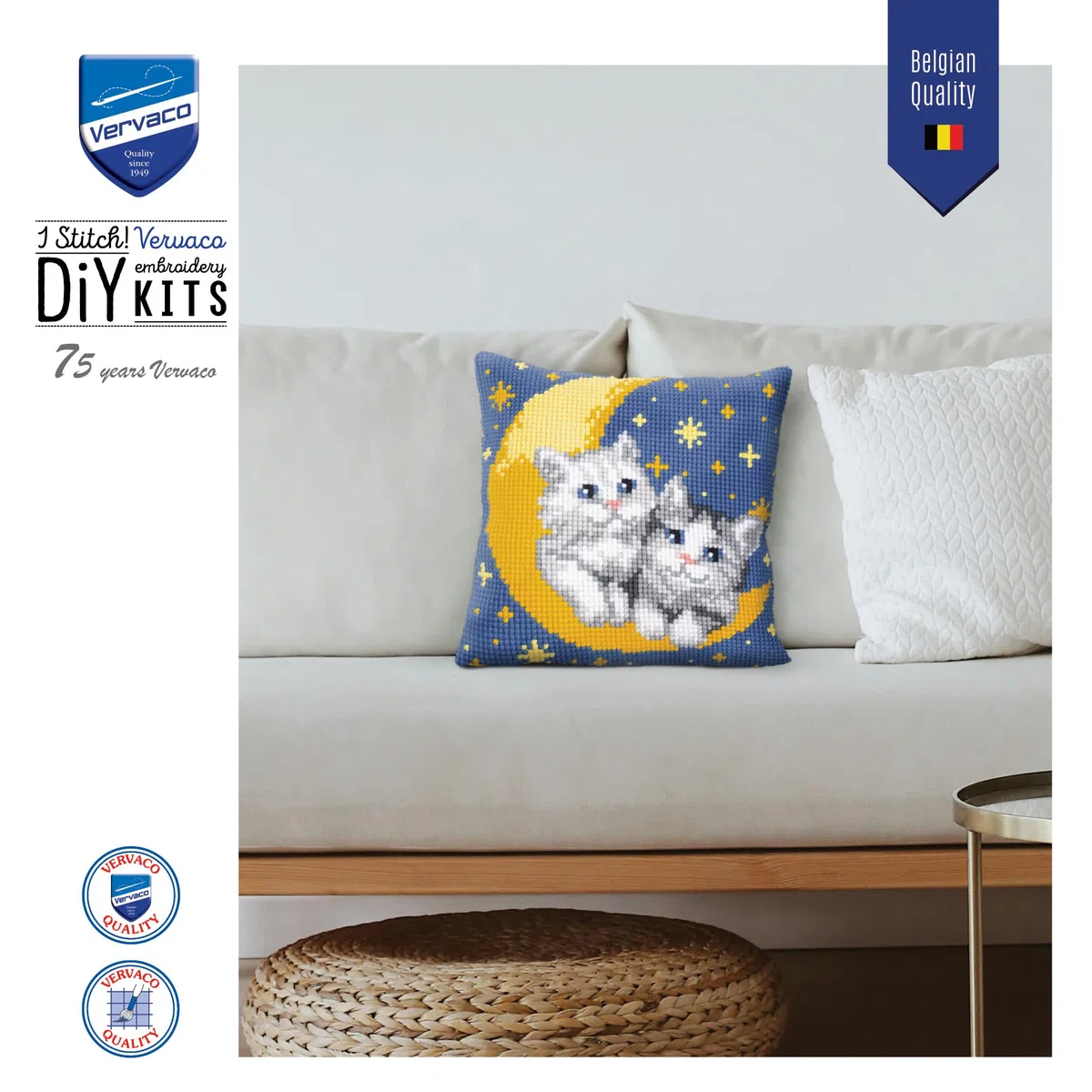 VERVACO Kit Cuscino Punto Croce Gatti sulla Luna Set Ricamo Principianti Cuscini Gobelin Decorativi ca. 40 x 40 cm Accessori per Lavoretti Creativi DIY Casa Decor Hobby Adulti Cross Stitch