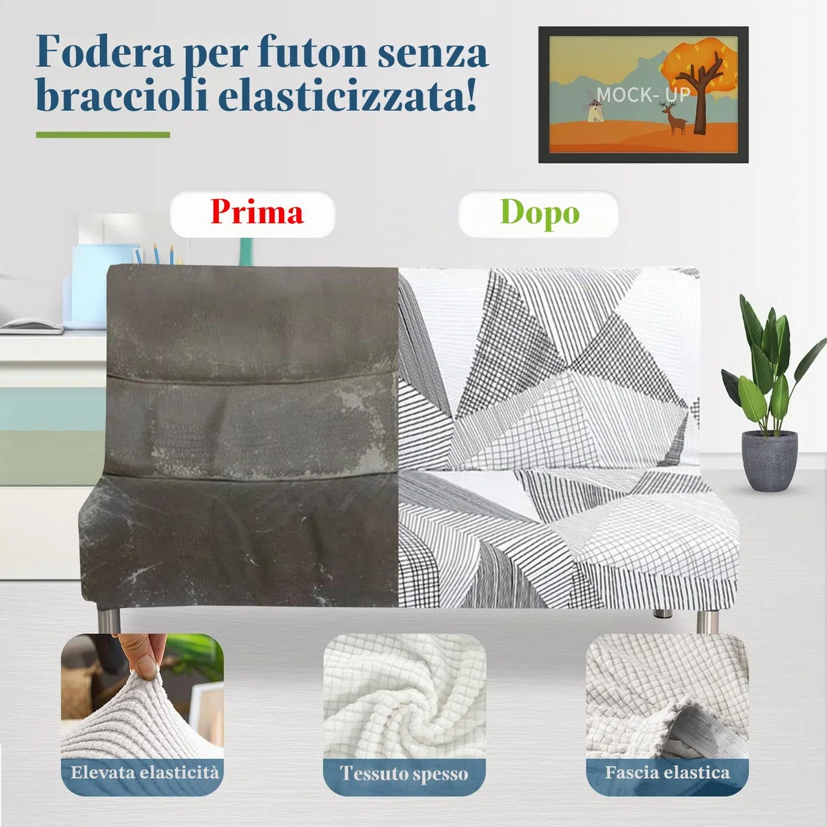 Jaotto Copridivano Clic Clac estensibile a 3 posti, fodera per divano senza braccio, elastica, in spandex, protezione per divano letto universale,Linea Bianca