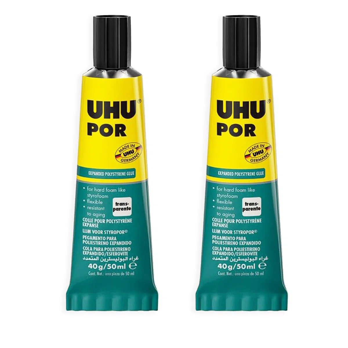 UHU POR Colla per polistirene espanso - 40 g/50 ml - Confezione da 2 tubi