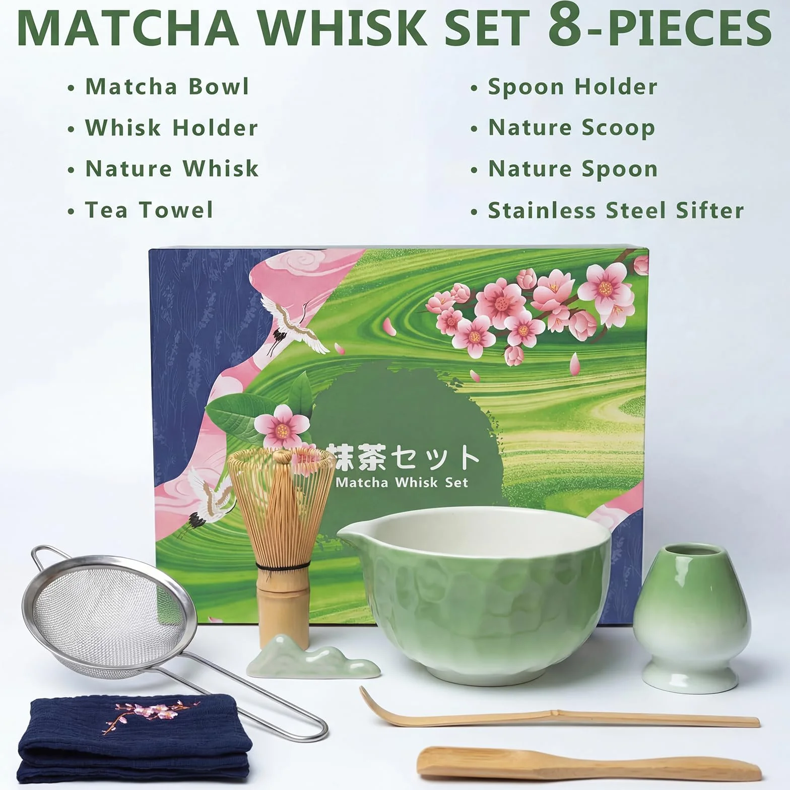 8 pezzi Matcha Kit, Matcha Set in ceramica con Frusta Matcha, Ciotola, Cucchiaio, Filtro, Supporto, Set per Cerimonia del Tè Artigianale, Kit Matcha per Ideale Appassionati di Tè, Verde