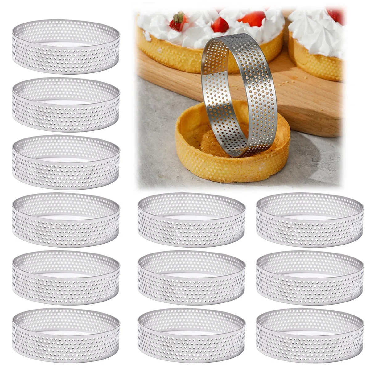 12 Pezzi Anelli Rotondi per Torte Anello Microforato Crostata Stampo Crostata Microforato in Acciaio Inox Anelli Dessert Traforati Anello Mousse Frutta Torta Mousse Stampo Cucina(8 cm)