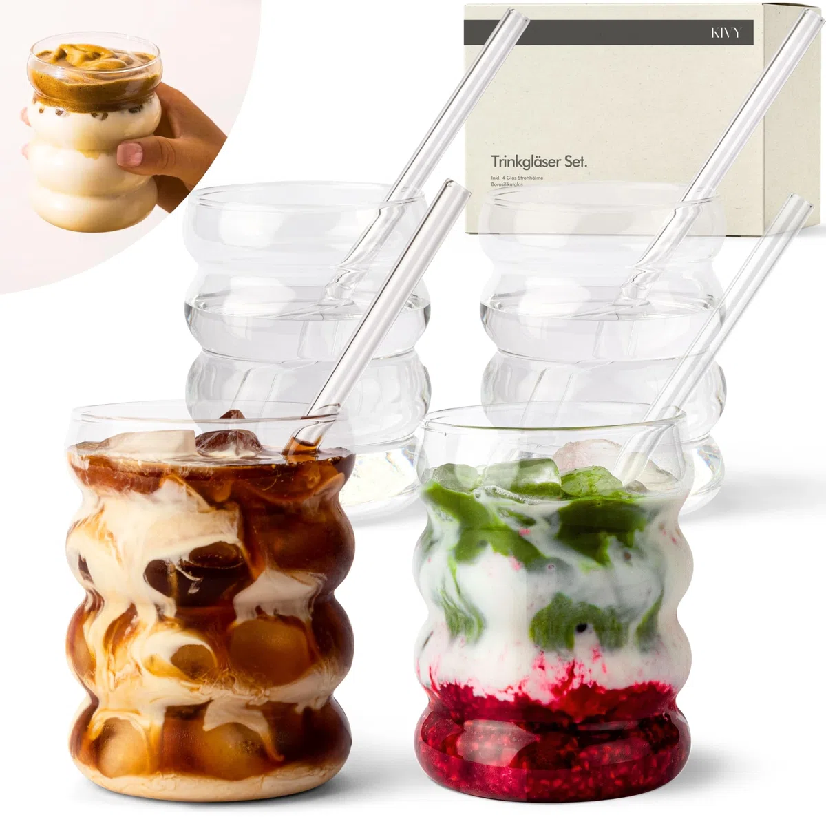 KIVY Bicchiere con Cannuccia [4x 350ml] Acqua, Caffè freddo e Matcha - Set Bicchieri Acqua Vetro - Bicchiere Vetro con Cannuccia - Bicchieri Ghiacciato - Senza BPA - Vetro a Bolle Effetto Bubble