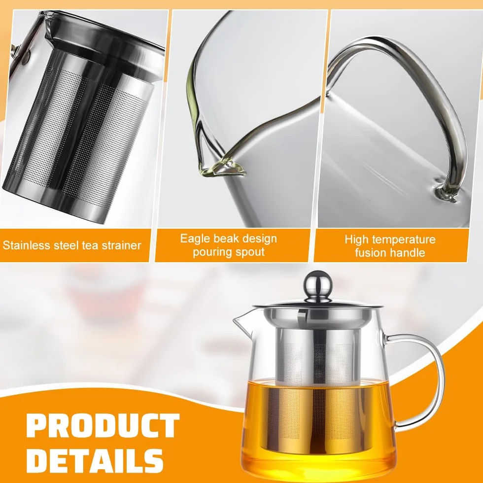 Teiera con Infusore da 450ml Teiera in Vetro Borosilicato con Filtro in Acciaio Inox Teier a in Vetro Resistente al Calore con Pennello per Pulizia per Foglie di Tè Sfuso, Tisane e Caffè
