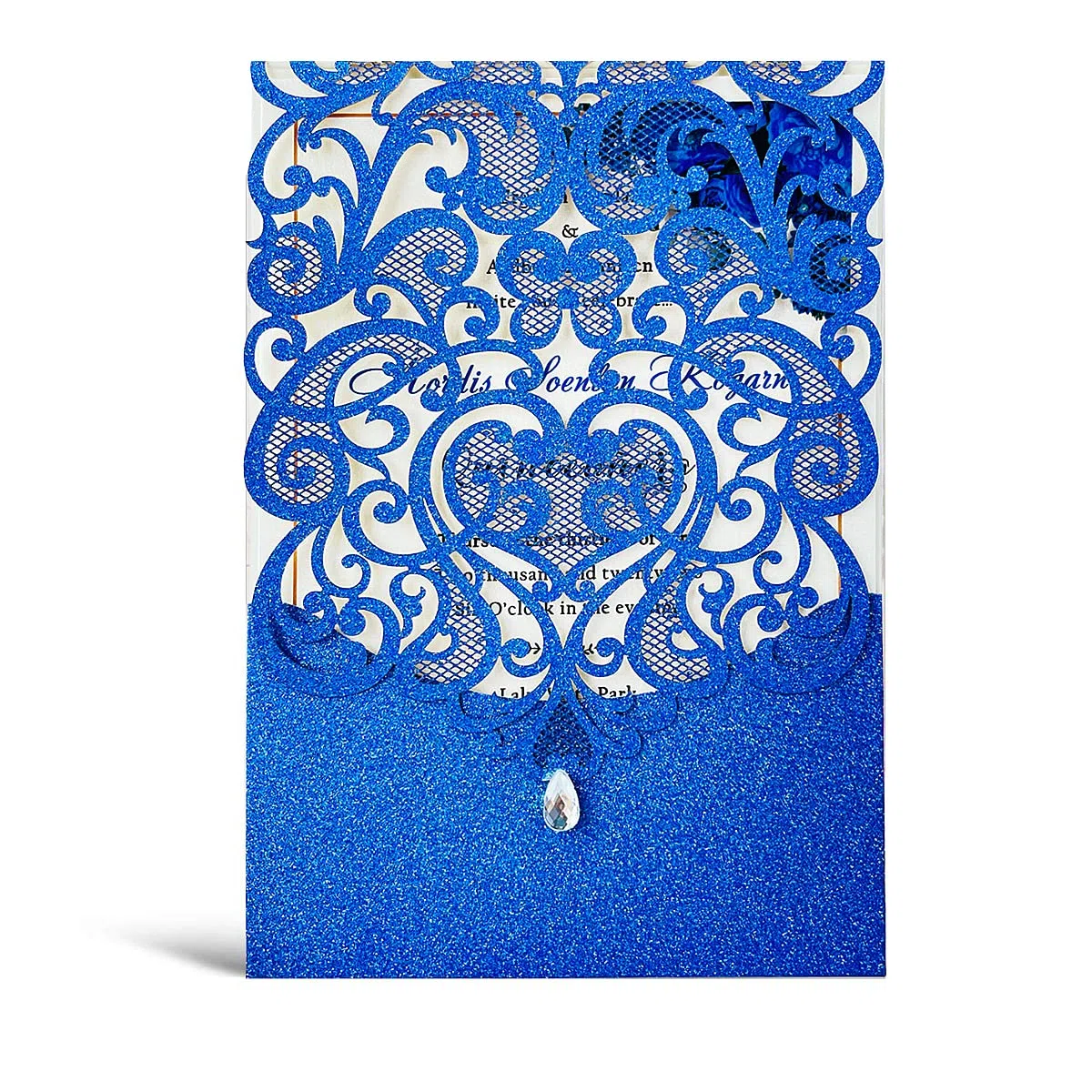 Hosmsua 20x Blu biglietti di invito nozze con busta, taglio laser inviti cuore fiore cavo con strass per matrimonio compleanno anniversario invito di nozze (blu glitter)