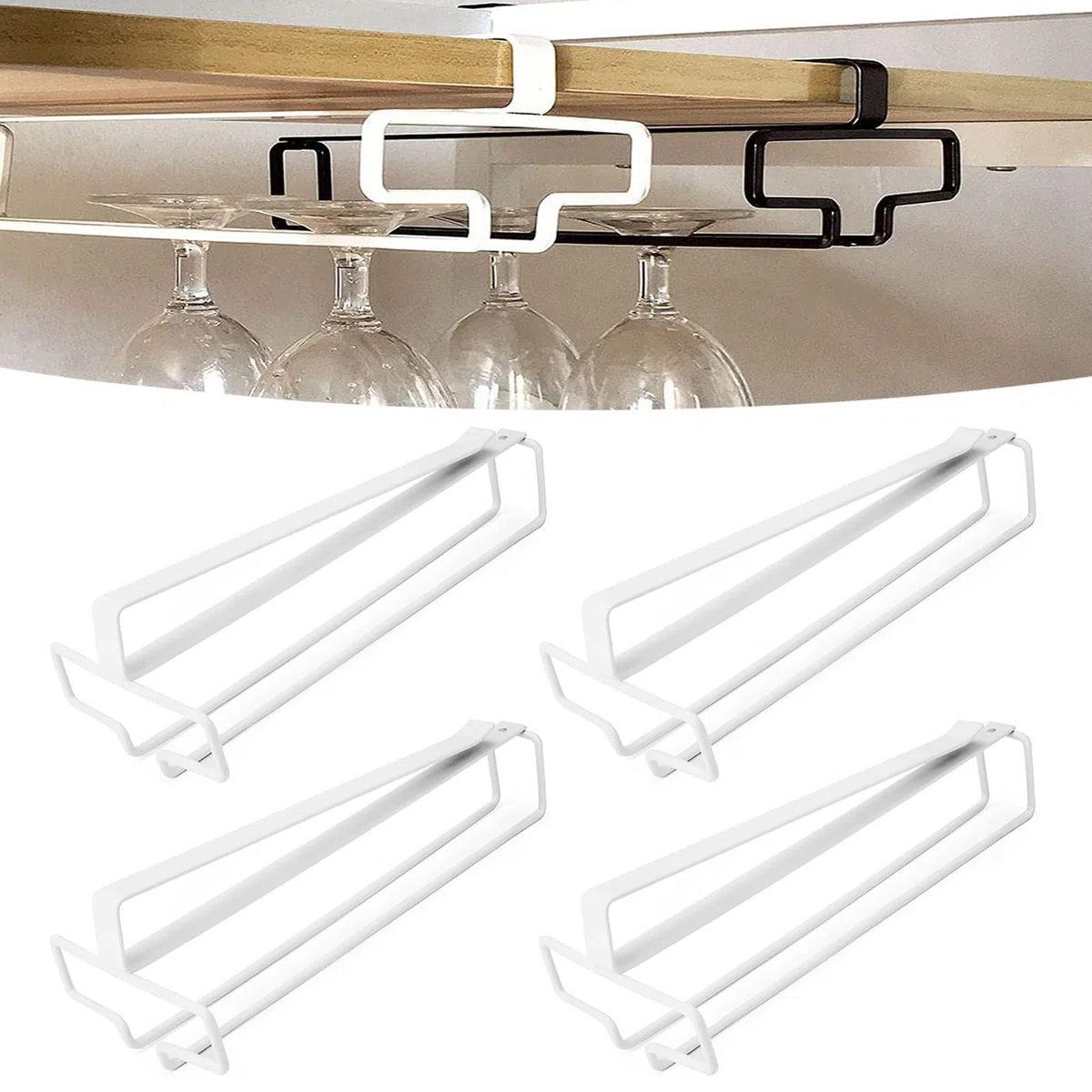 4 Pezzi Porta Bicchieri da Vino Sospeso Supporto per Calici di Vino Sottopensile Rack per Calici Senza Foratura Scolabicchieri Vino in Metallo per Bar Ristorante Cucina (Bianco)