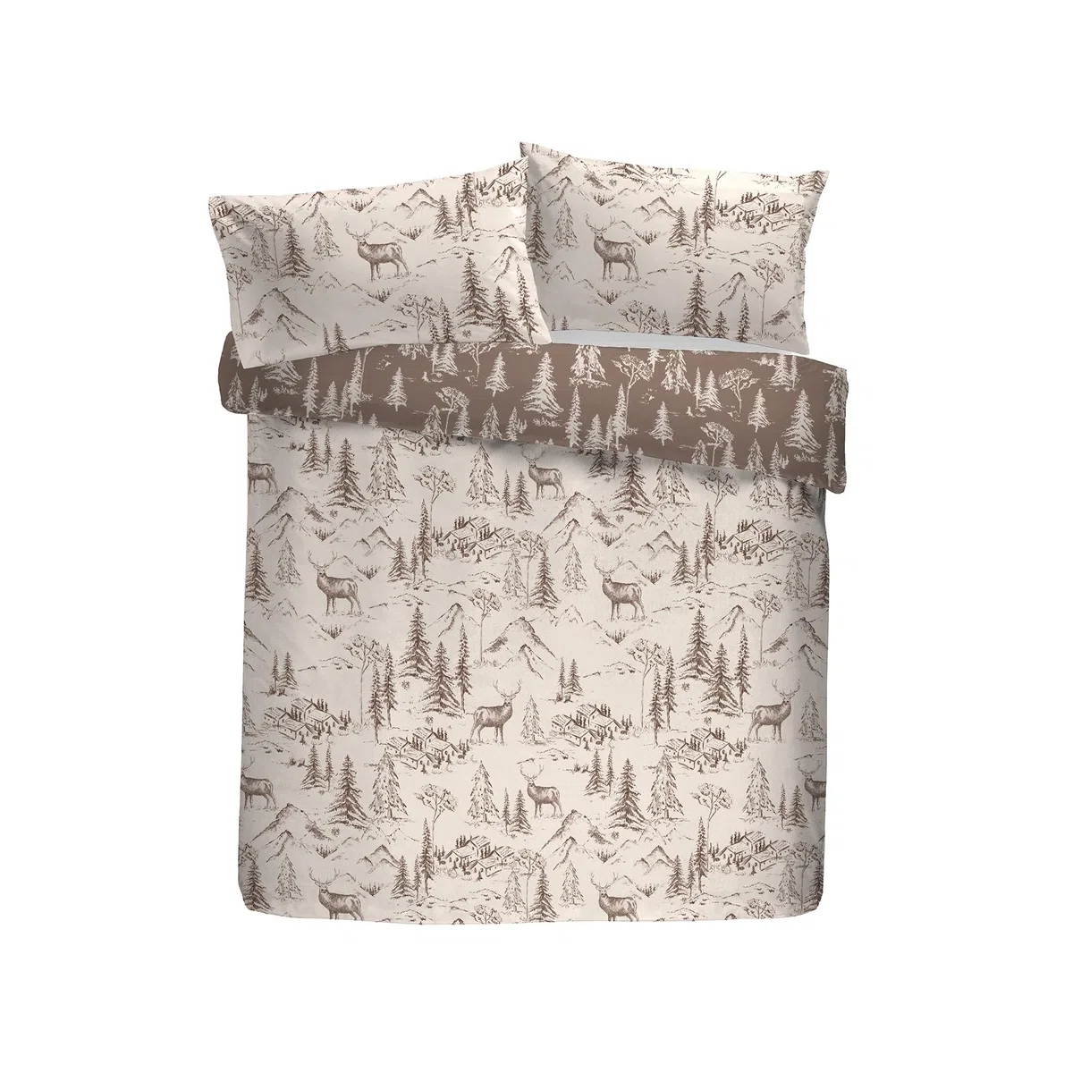 Dreams & Drapes Lodge Alpine - Set copripiumino con cervo, 100% cotone spazzolato, per letto singolo, 140 x 200 cm, naturale, con stampa di Mountain Lodge disegnato a mano