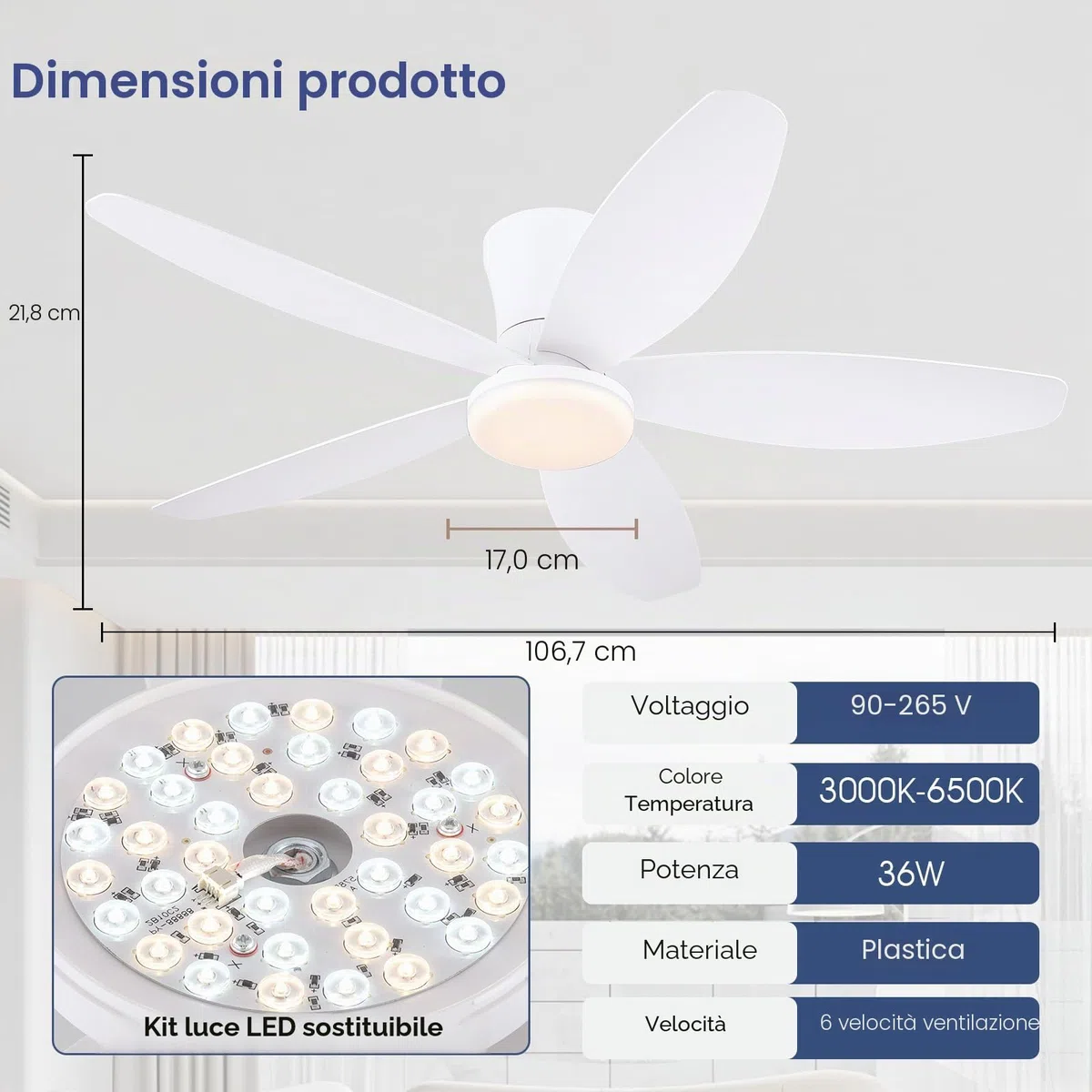 Ventilatori a soffitto con luci-106CM Ventilatore a soffitto a basso profilo con luce e controllo remoto/APP,DC reversibile, LED dimmabili Ventilatori a soffitto moderni per camera da letto(Bianco)