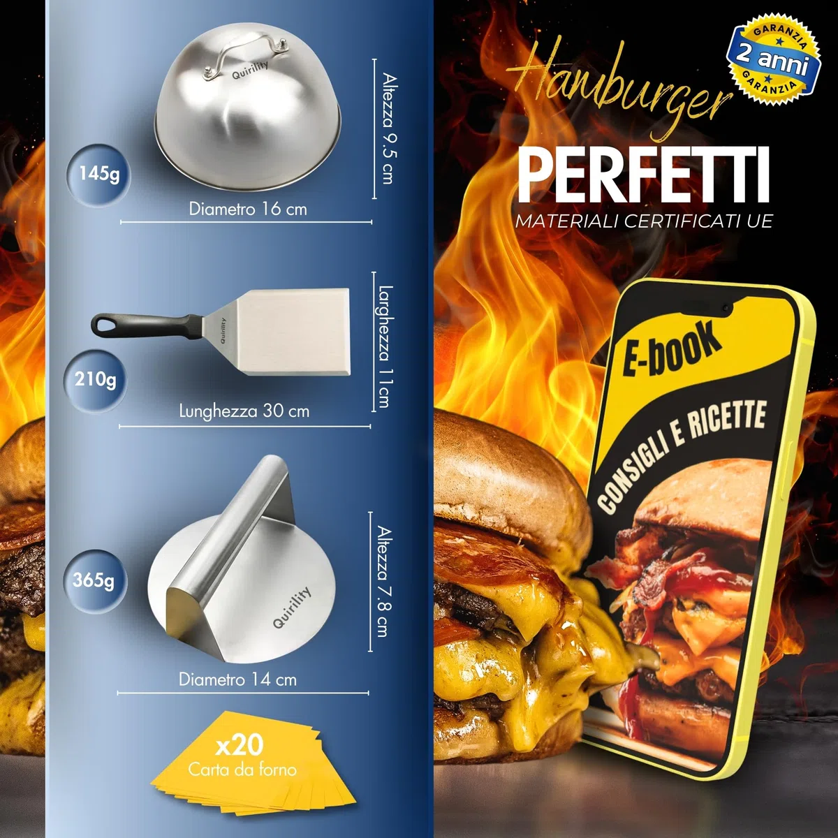 Smash Burger Kit - Kit Professionale in Acciaio Inossidabile con Certificato EU Contatto Alimentare - Pressa per Hamburger - Smash Burger Press - Schiaccia Hamburger (PRO (3 Pezzi))