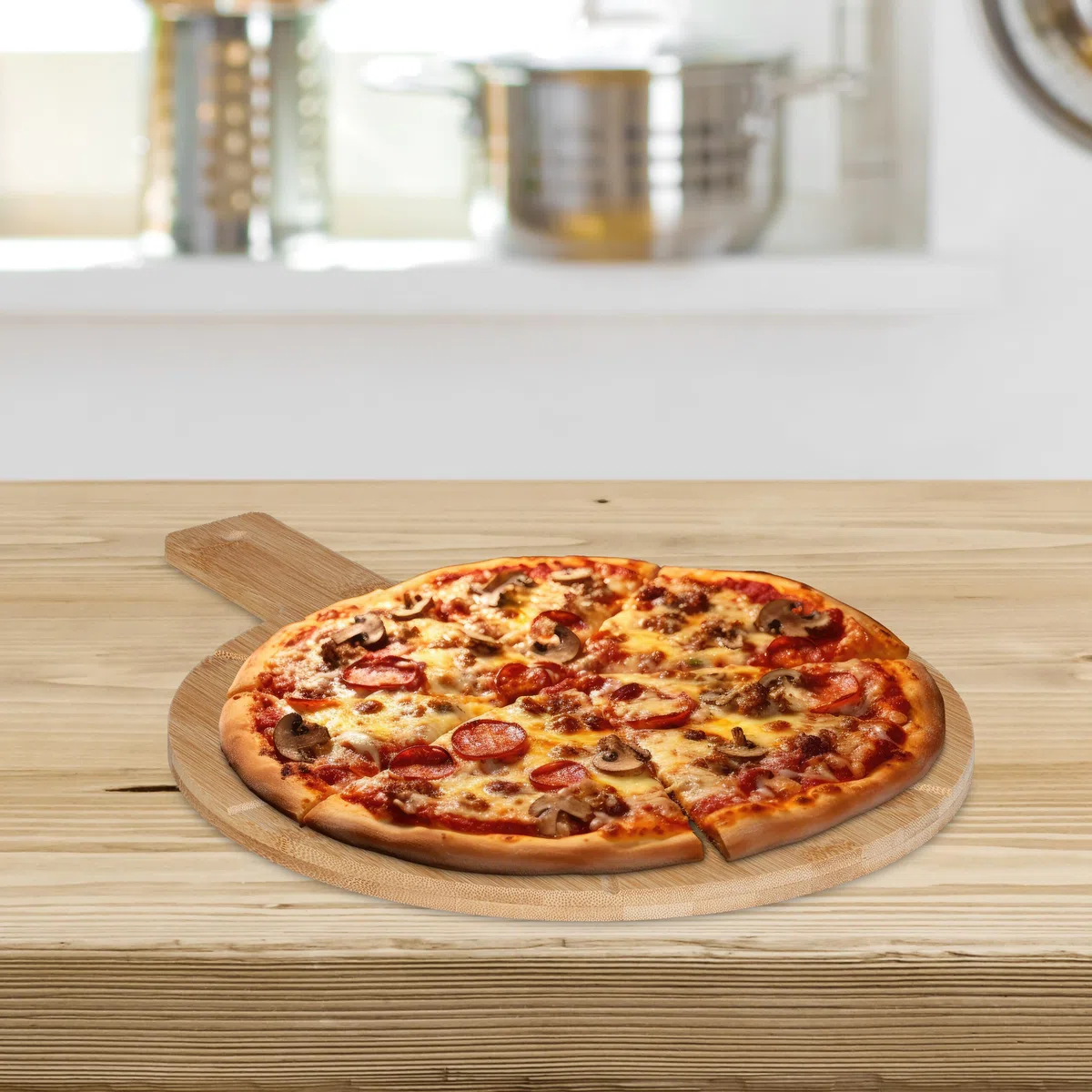 Relaxdays Tagliere per Pizza, Vassoio in bambù, Ø 30 cm, Piatto per Formaggio, Frutta, con Manico, Rotondo, Naturale
