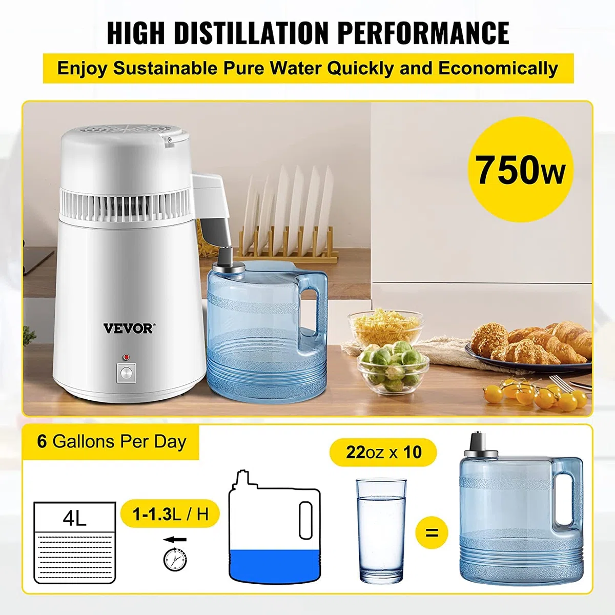 VEVOR Distillatore d'acqua 750 W,Distillatore in acciaio inox 4 L,Distillatore d'acqua per laboratori/ospedali/cliniche dentali/uffici/case/viaggi