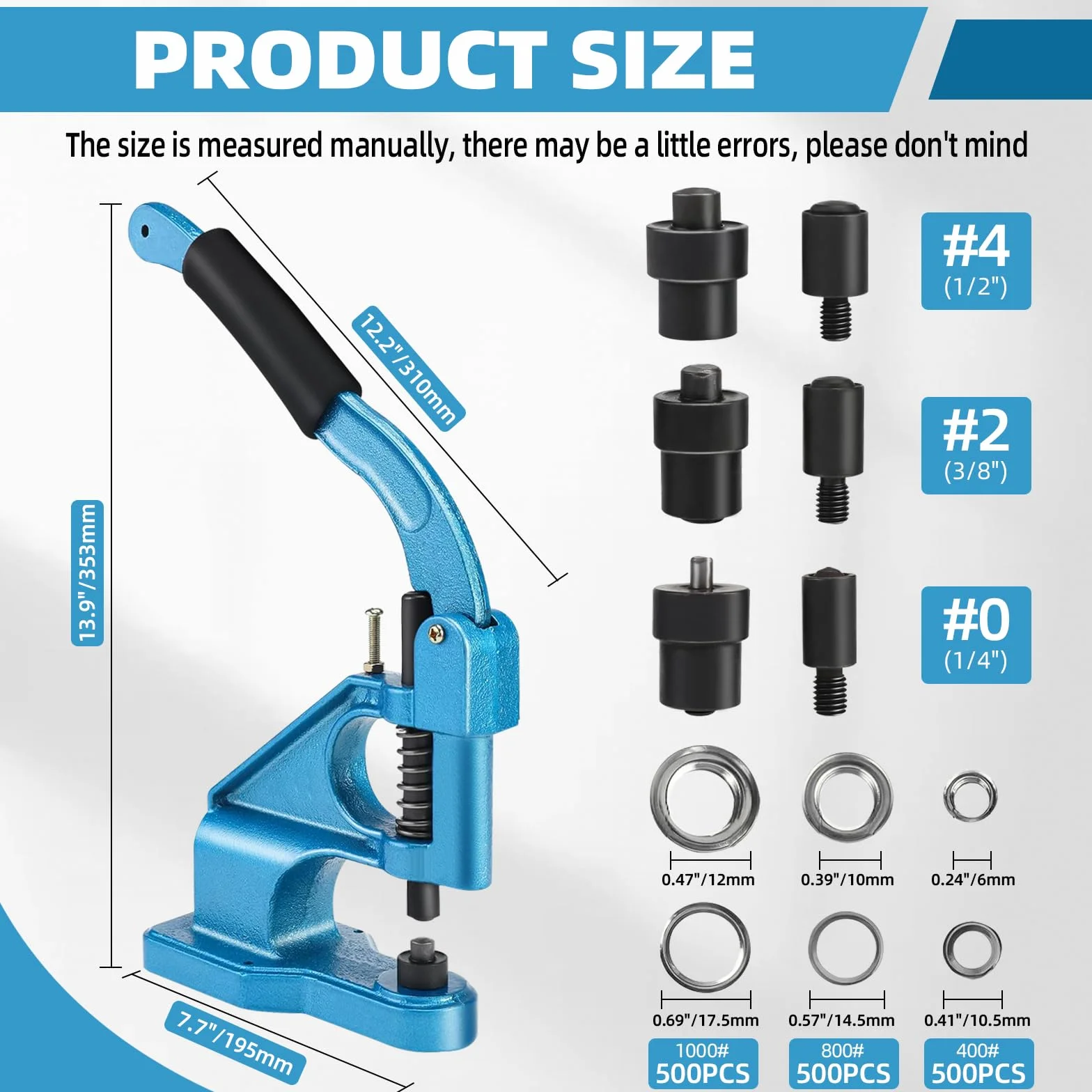 BOOMSTART Occhiellatrice Manuale Professionale, Macchina per Occhielli Metallici 6/10/12 mm con 1500 Pezzi Argento per Teloni PVC, Tessuti, Borsa