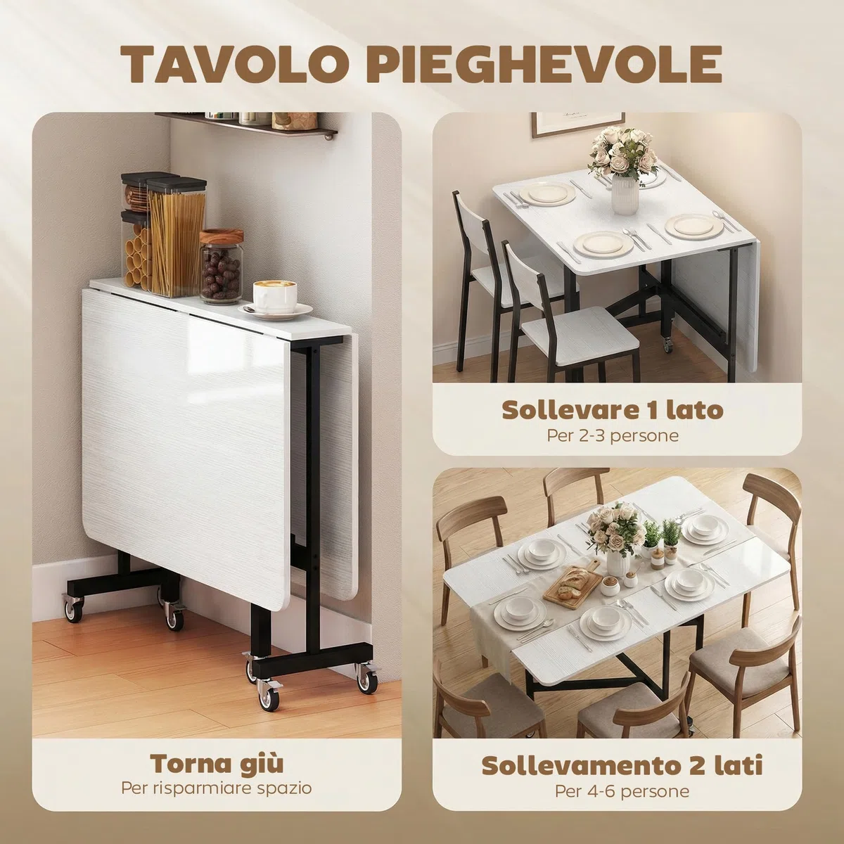 HOMCOM Tavolo da Pranzo Pieghevole, Tavolo Cucina a Ribalta con Ruote a Freno per 4-6 Persone, Scrivania Richiudibile con Struttura in Acciaio, per Soggiorno, 120x80x73 cm, Bianco Effetto Legno