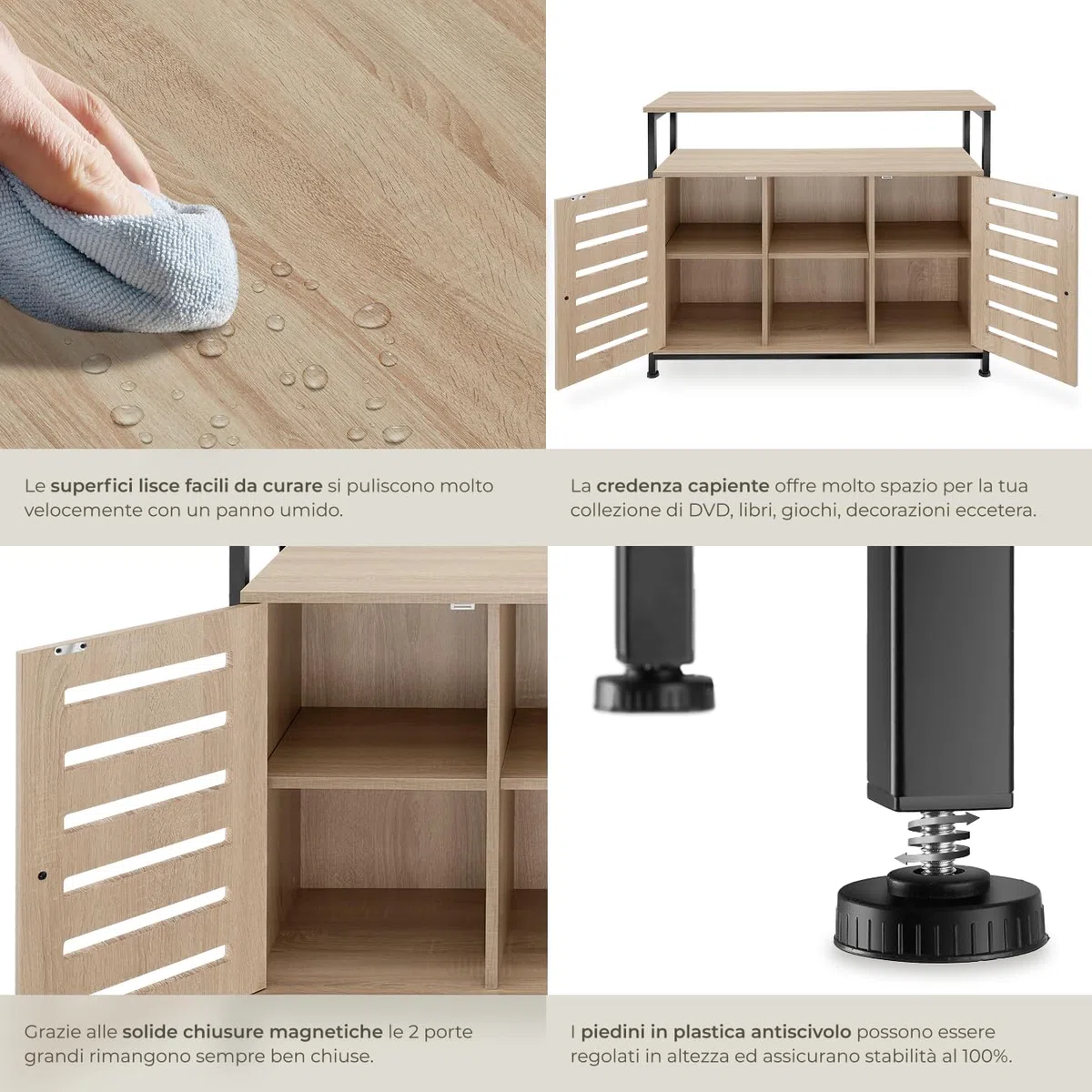 tectake® Credenza Cucina 100x37x82cm, Mobile Cucina, Dispensa Salvaspazio Armadio 2 ante, 2 Ripiani, Mensole Regolabili per Piatti e Pentole, Soggiorno, Sala da pranzo - Legno Industriale Chiaro