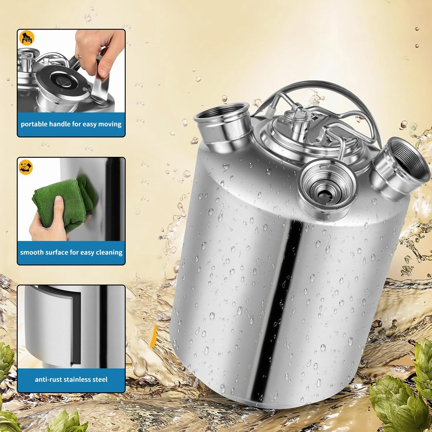 Botte per la pulizia della birra, in acciaio inox, 10 l, 3 teste di spillo, set di pulizia con spiedini A, S, G – impianto di spillatura e pulitore per tubi della birra, contenitore per la