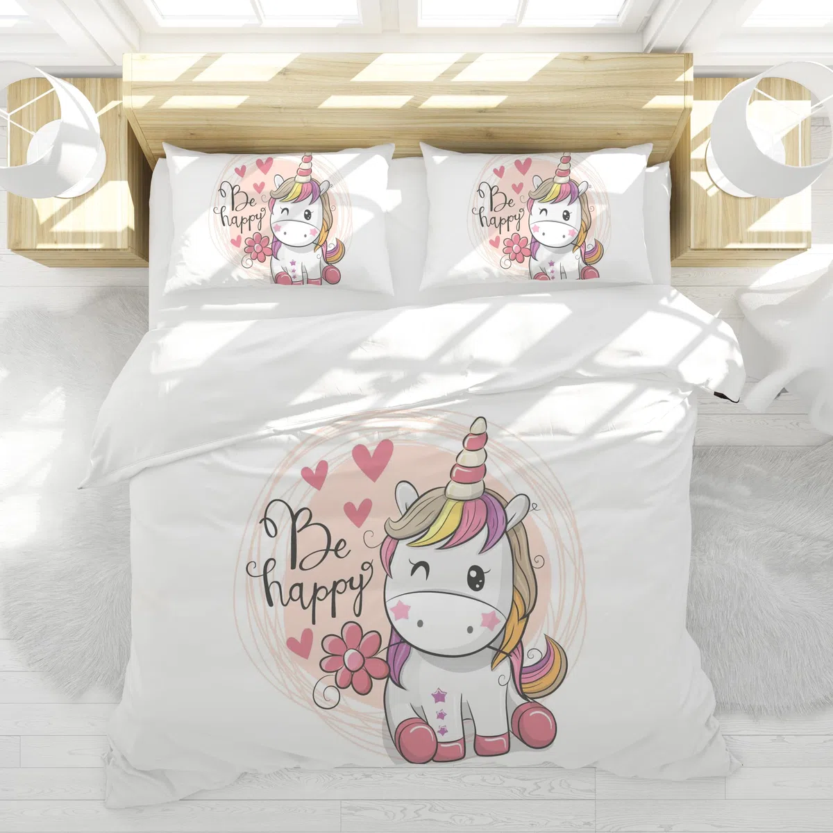 Set di biancheria da letto per bambini, con copripiumino e 2 federe, motivo unicorno, in microfibra, con chiusura lampo (Stile C, 135 x 200 cm)