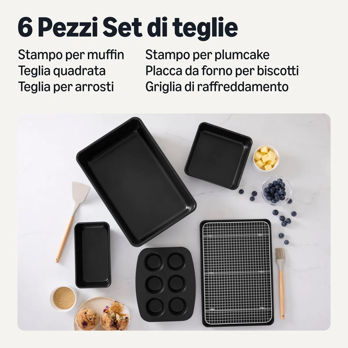 Amazon Basics Teglie Antiaderenti, Set di 6 Pezzi, Impilabili, Lavabili in Lavastoviglie e Adatte al Forno