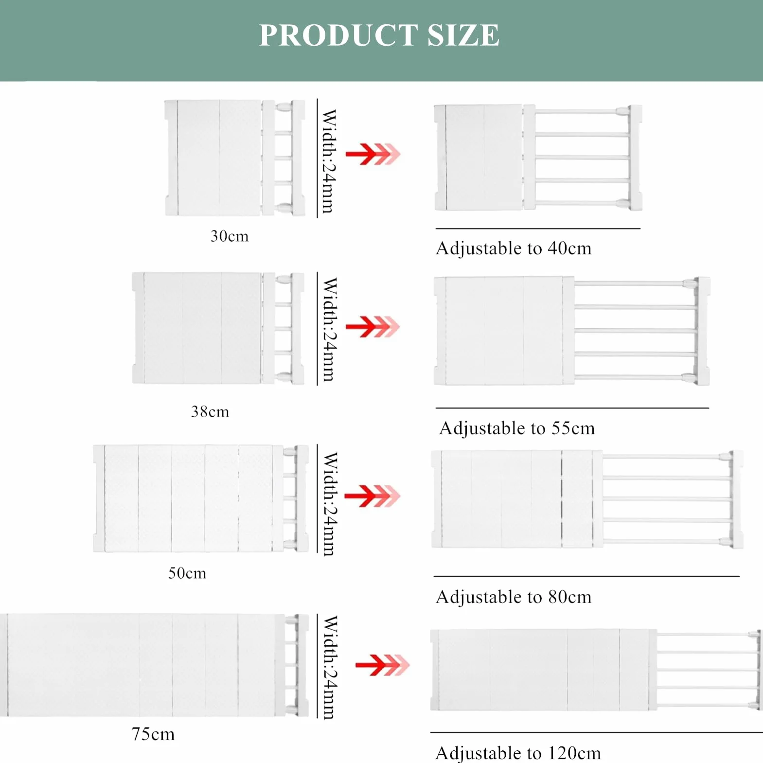 Organizer Espandibile per Armadio, Divisori Regolabili per Guardaroba Fai da Te, Separatore, Ripiano di Tensione per Guardaroba, Armadietto, Bagno, Libreria, Larghezza 24Cm (Lunghezza 50‑80