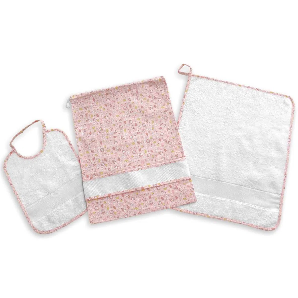 Set asilo da ricamare a punto croce, tre pezzi, sacchetto salvietta e bavaglia, spugna bianca, tela aida, punto croce, set asilo da personalizzare con ricamo a punto croce (81 Casette rosa)
