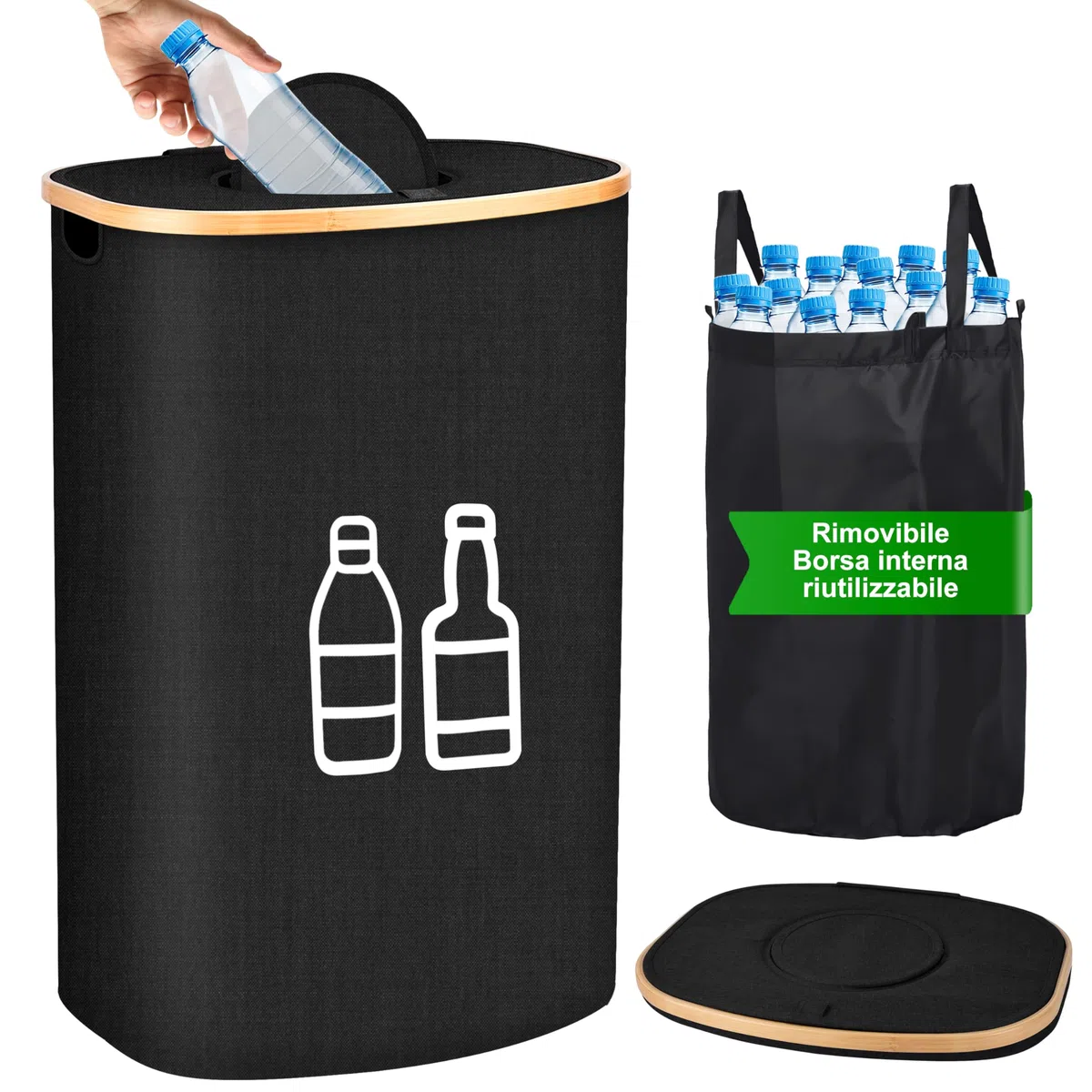 IEEILULU Raccoglitore di Bottiglie, 100L Pattumiera Differenziata per Bottiglia Plastica Bottiglia Vetro, Contenitori Raccolta Differenziata Interno, Bidone Raccolta con Foro per Cucina (Nero, 110L)