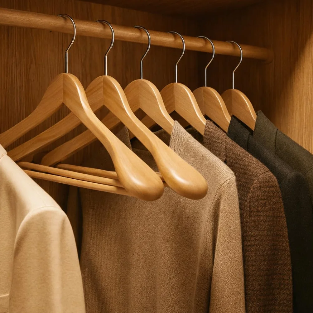 MELA'S Wooden Wide Clothes Hanger, Natural Wood, Pack of 12, Non-Slip, for Stable Jacket, Suit, Shirts, Extra Wide Shoulders, Trouser Bars, 45 x 23 x 5.5(Natural)
