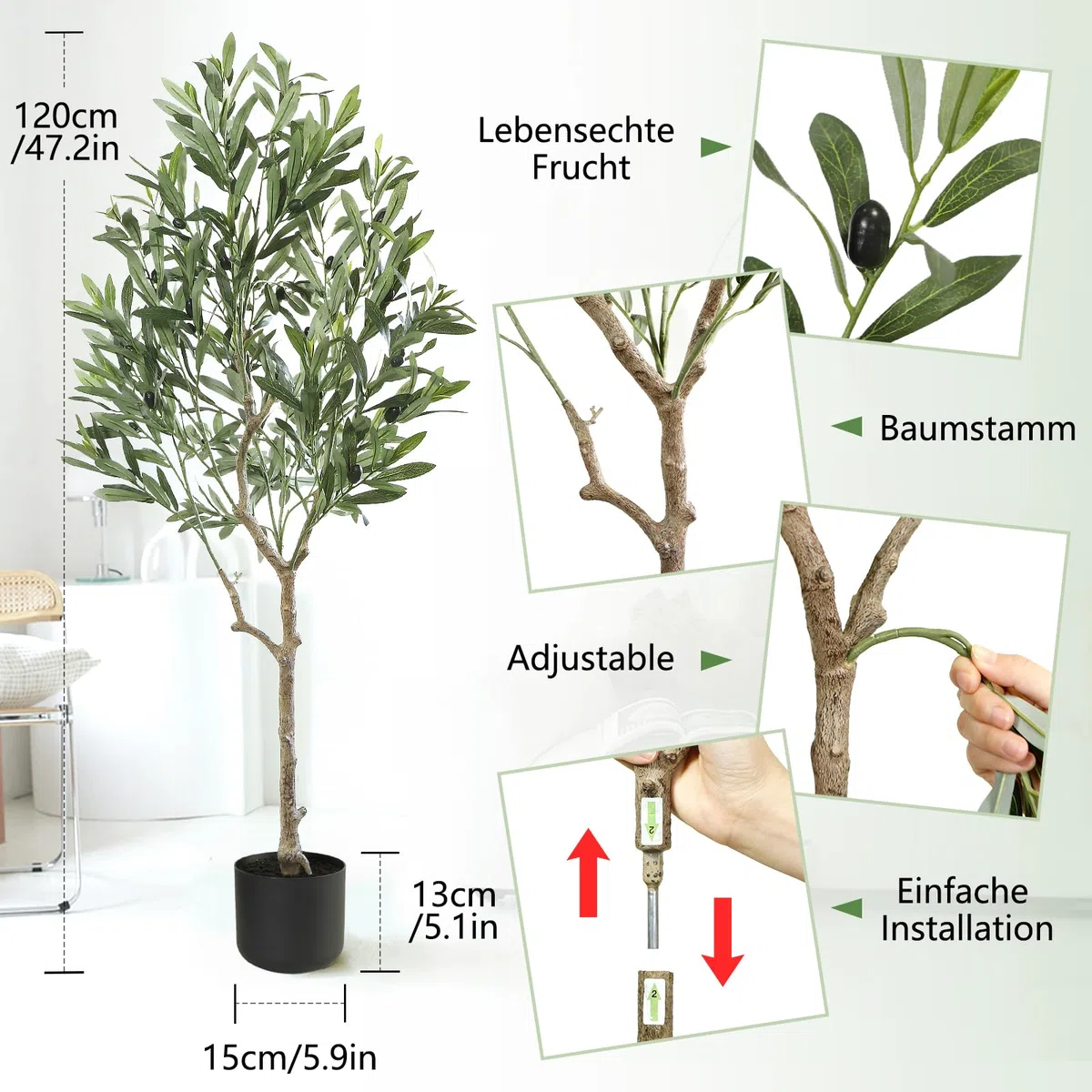 Oc'leaf Olivo Artificiale - 120cm Piante Finte da Interno Piante Finte, Piante Artificiali da Interno, Piante Deko für Casa, Soggiorno, Camera da letto, Ufficio, Giardino