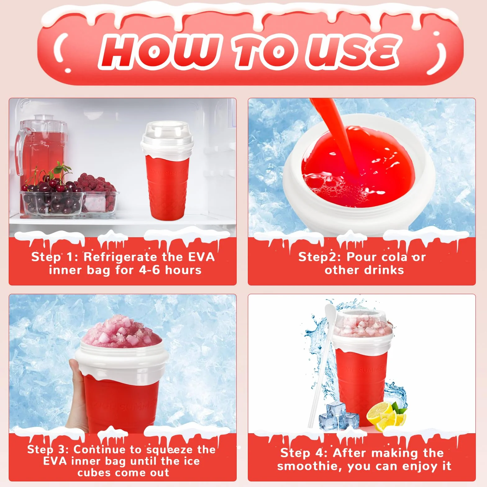 Slushy Maker Cup, Macchina per Granita In Silicone, Con Cannuccia E Cucchiaio 2 In 1, Frozen Magic Squeeze Cup In Silicone, Per I Frullati Fatti In Casa(rosa)