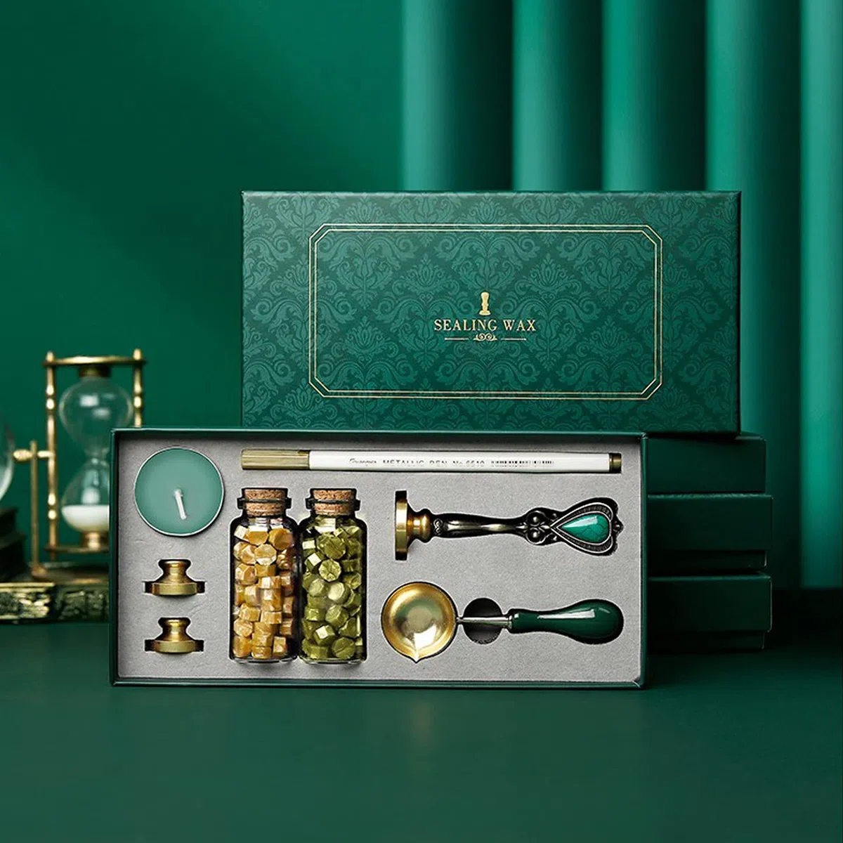 Joyeee - Set di timbri per cera con confezione regalo, con sigillo di cera con candele, cucchiaio per fusione, timbro classico e penna a colori metallizzati per matrimoni, biglietti, inviti #49