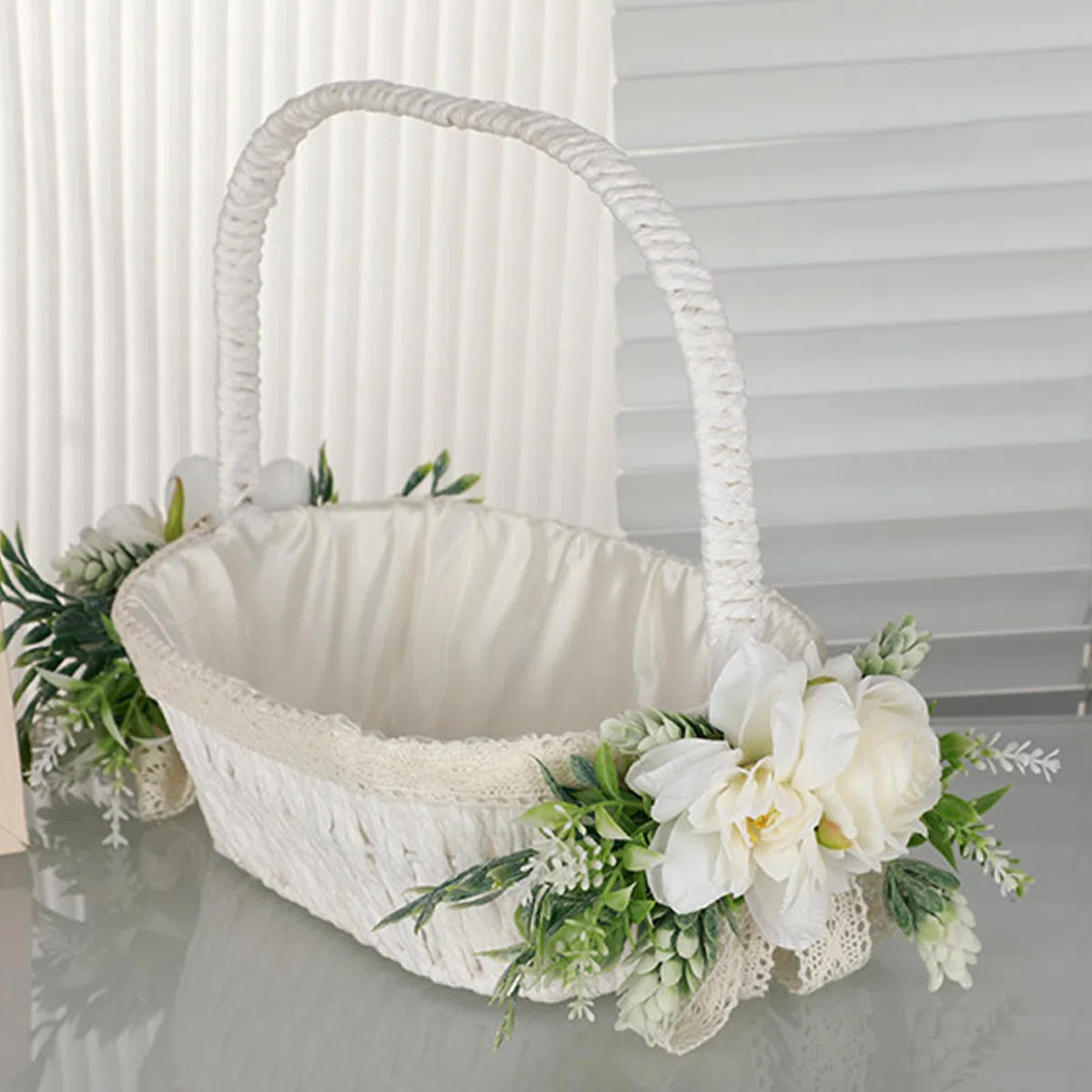 Cesto per Damigella di Fiori, Cestini Bianchi con Fiocco e Manico Pieghevole per Matrimoni e Pasqua