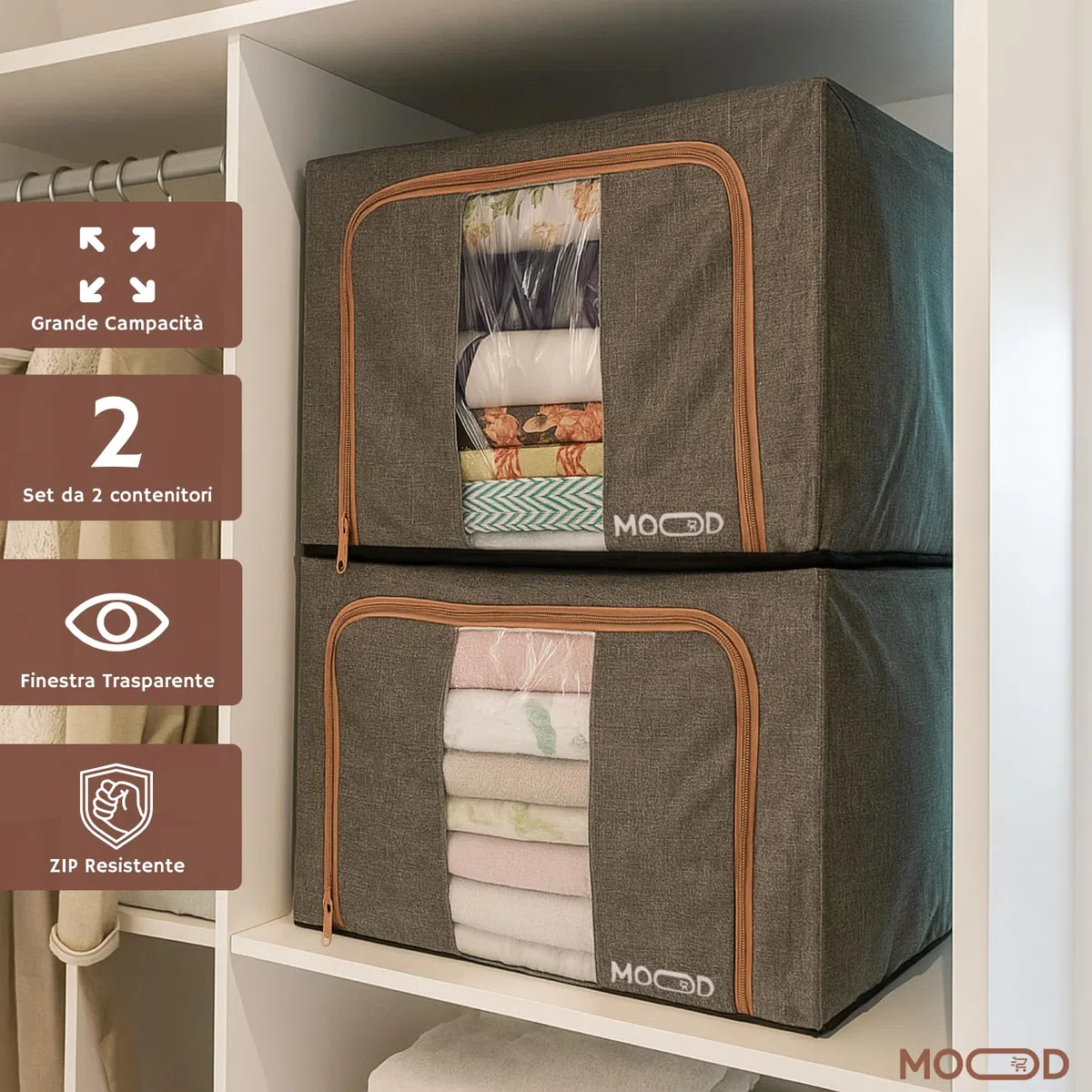 Generico Set 2 scatole per armadio rigide 52x42x33 cm, 132L totali - Tessuto impermeabile e resistente all'umidità, Organizer armadio impilabili con maniglie in acciaio e finestra trasparente