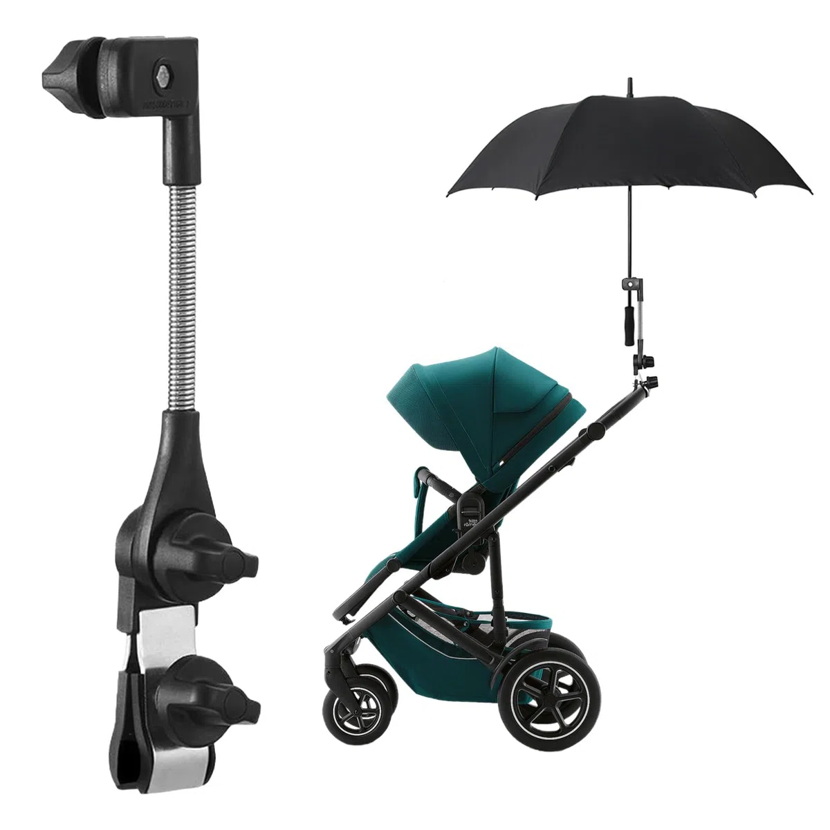 Portaombrelli per Passeggino, Facile da Installare ，Morsetto per Ombrello, Montatura per Maniglia per Passeggino con Supporto Elastico Regolabile a 360 ° Sedia per Carrozzina Bicicletta