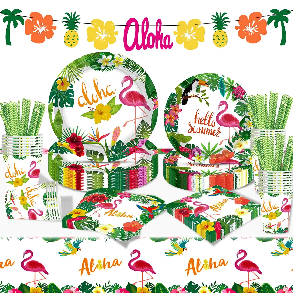 102 Pezzi Set Stoviglie per Festa Hawaiana con Piatti Carta Fenicotteri Hawaiane Bicchieri di Carta Tovaglioli Tovaglie Decorazioni per Festa Hawaiana per Party Hawaiano (Stile 1)