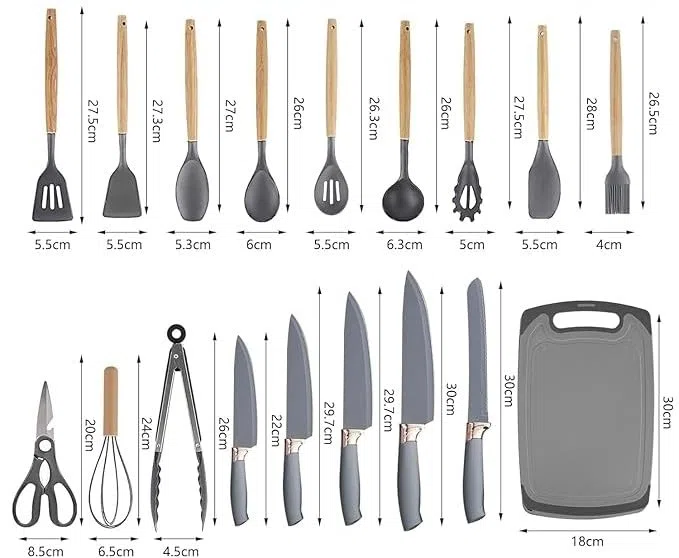 Set Coltelli da Cucina 19 Pezzi con Portautensili – 5 Coltelli in Acciaio + 13 Utensili da Cucina in Silicone – Set Cucina Completo Antiaderente e Resistente al Calore (Rosa)