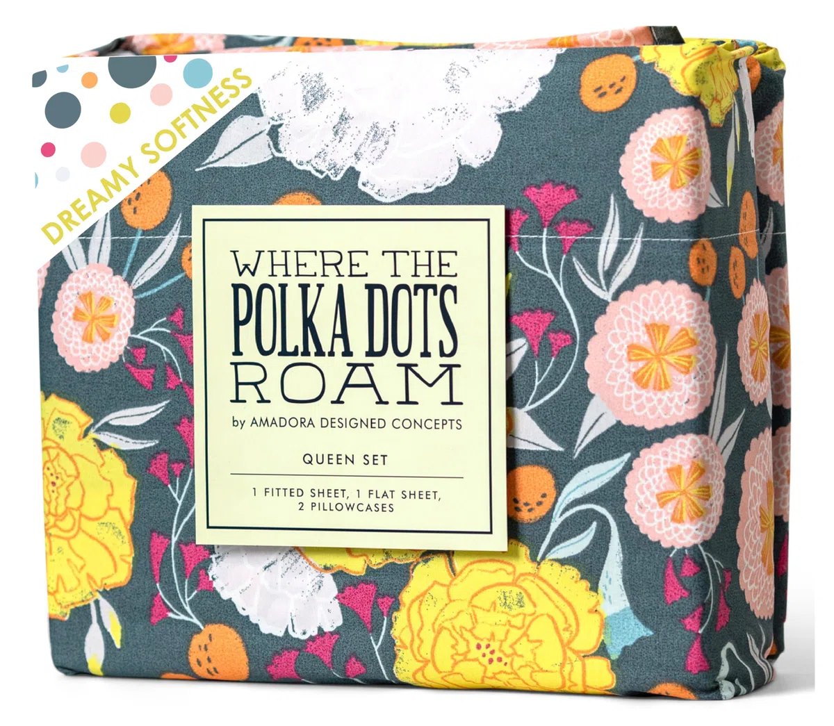 Where the Polka Dots Roam Set di lenzuola per letto matrimoniale in microfibra, motivo floreale su grigio, resistenti alle macchie e alle pieghe, lenzuola rinfrescanti per letto matrimoniale queen