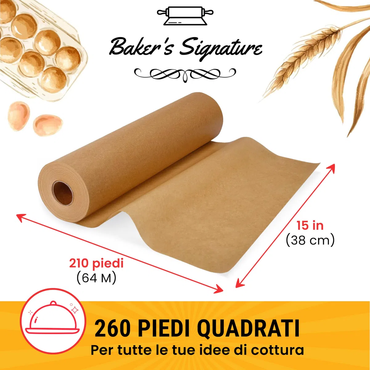 Carta Forno Rotolo Non Candeggiata per Cucinare – Carta da Forno da 38cm x 64m con Taglierina, Carta Antiaderente - Unbleached Parchment Paper - Friggitrice ad Aria da Baker's Signature