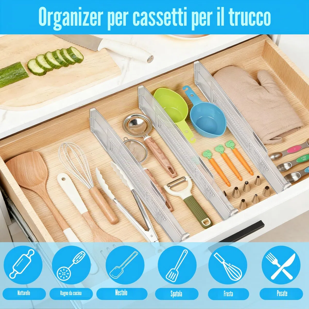 8 Pezzi Divisori per Cassetti Regolabili, Cassetti in Trasparente Separatori, Regolabile Da 28,7 a 50,5 cm, Divisori per Cassetti in Plastica per Bagno,Comò, Cucina O Trucco Conservazione