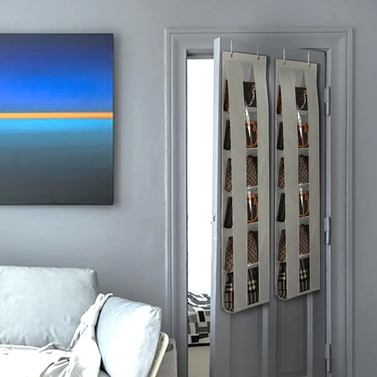 Lirex Organizer per Borse da Porta, Confezione da 2 con 6 Ripiani, Salvaspazio per Porta o Armadio, Per Stoccaggio e Organizzazione Borse, Appendiaborsa, Grigio