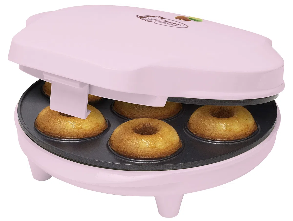 Bestron macchina per ciambelle elettrica, Donut Maker per 7 ciambelle piccole, incl. antiaderente & indicatoro luminso, 700 watt, colore: Rosa