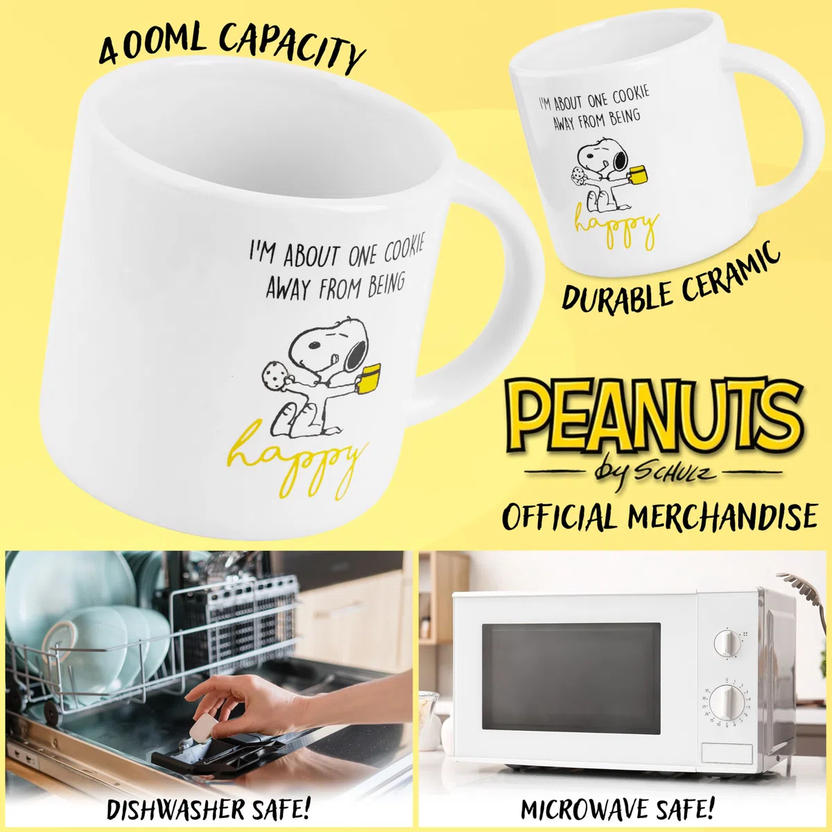 Peanuts Snoopy Tazza Caffe o Tazze Cappuccino, Carina Tazza in Ceramica per Donne Adolescenti, Regalo per Ufficio Donna (Caffè Bianco/Giallo 400ml)