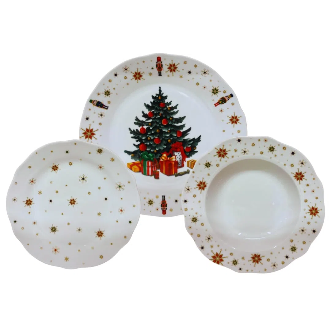 Servizio Piatti di Natale in Porcellana Resistente per 6 Persone: 18 Pezzi, Decorazioni con Albero di Natale Schiaccianoci e Stelle, Rosso e Bianco, Adatto: Lavastoviglie e Microonde.
