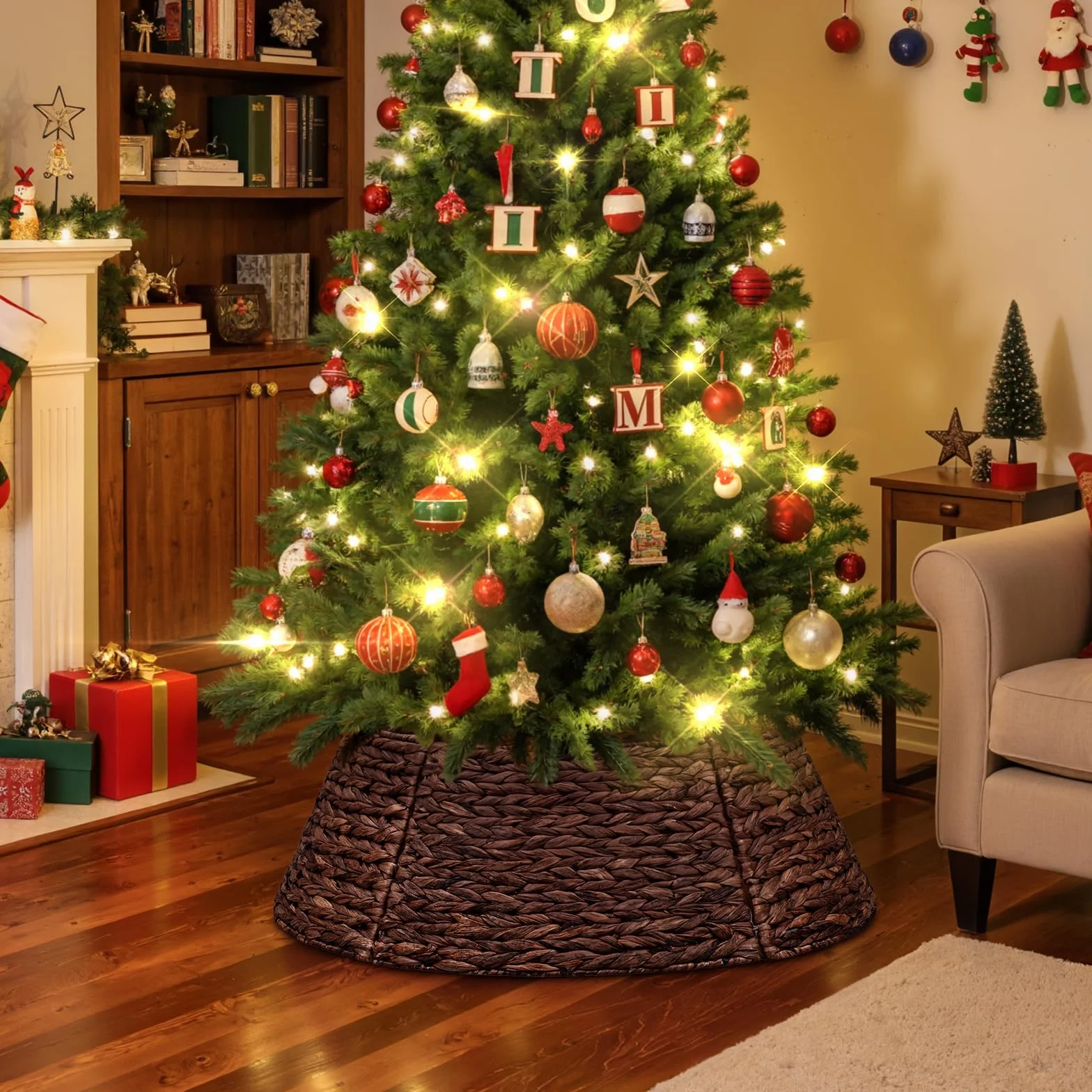 Lanpn Rattan Collana Albero di Natale 106 cm, Cerchio Gonne Albero di Natale Christmas Tree Collar Per Grande Alberi Artificiali Interno - Decorazioni Natalizie (Marrone)