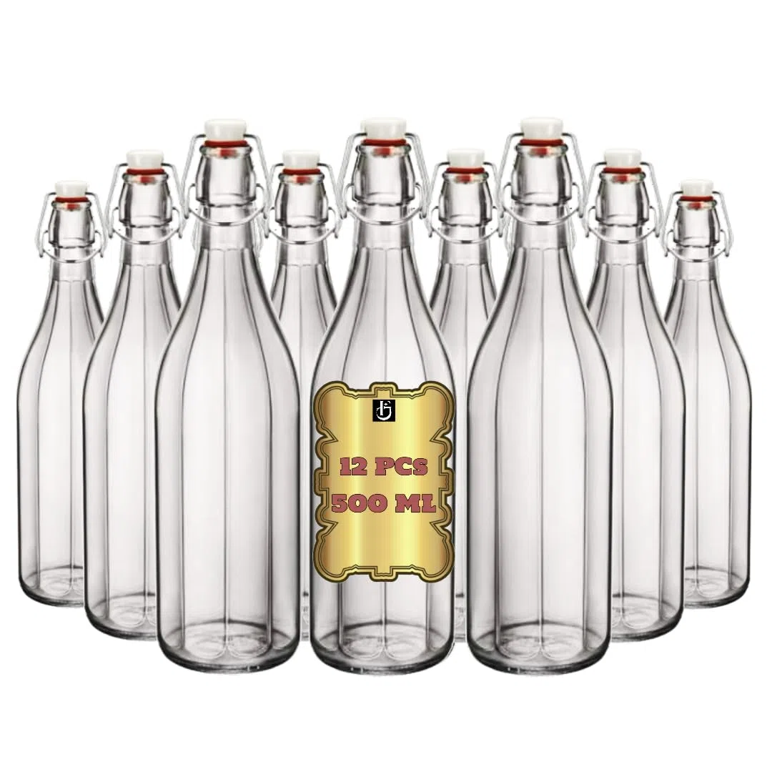 Set da 12 Bottiglia Costolata in Vetro con Tappo Ermetico da 0,5 L - Bottiglia in vetro trasparente per acqua vino e liquore con tappo meccanico e guarnizione alimentare