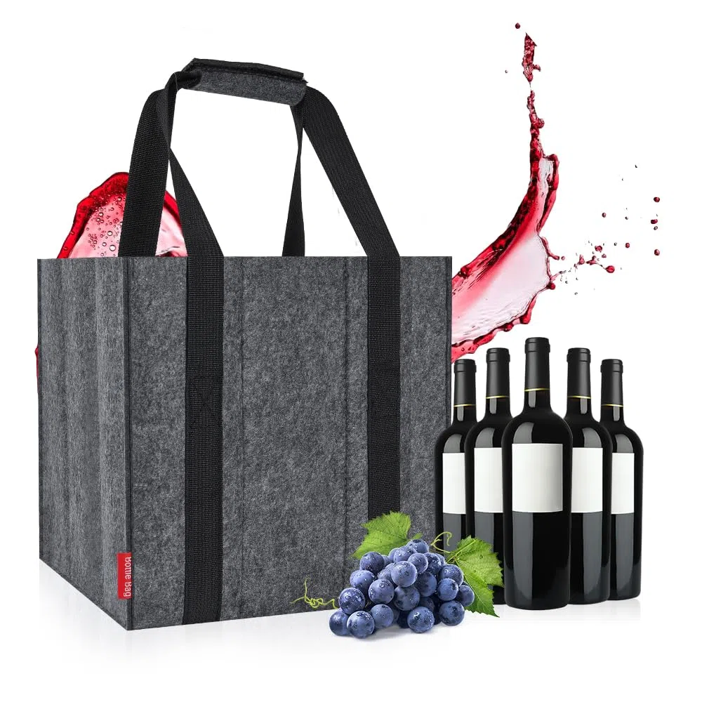 Eurhomewit Borsa per Bottiglie Vino Acqua in Feltro, 9 Scomparti Borse Porta Vino Portabottiglie, Borsa Trasporto per Vino Bottiglie in Vetro 1,5 litri, Riutilizzabile - Nero