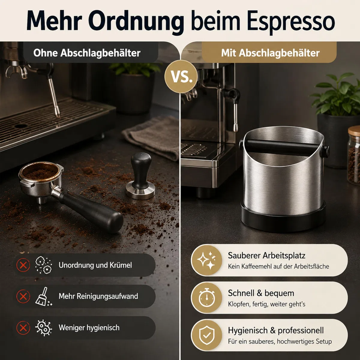 URMONA Knock Box per Espresso, Contenitore Fondo Caffè 1,3L in Acciaio Inox, Abklopfbehälter con Barra Rimovibile e Base Antiscivolo, Accessorio per Macchina Caffè Delonghi Sage Ninja (Argento)