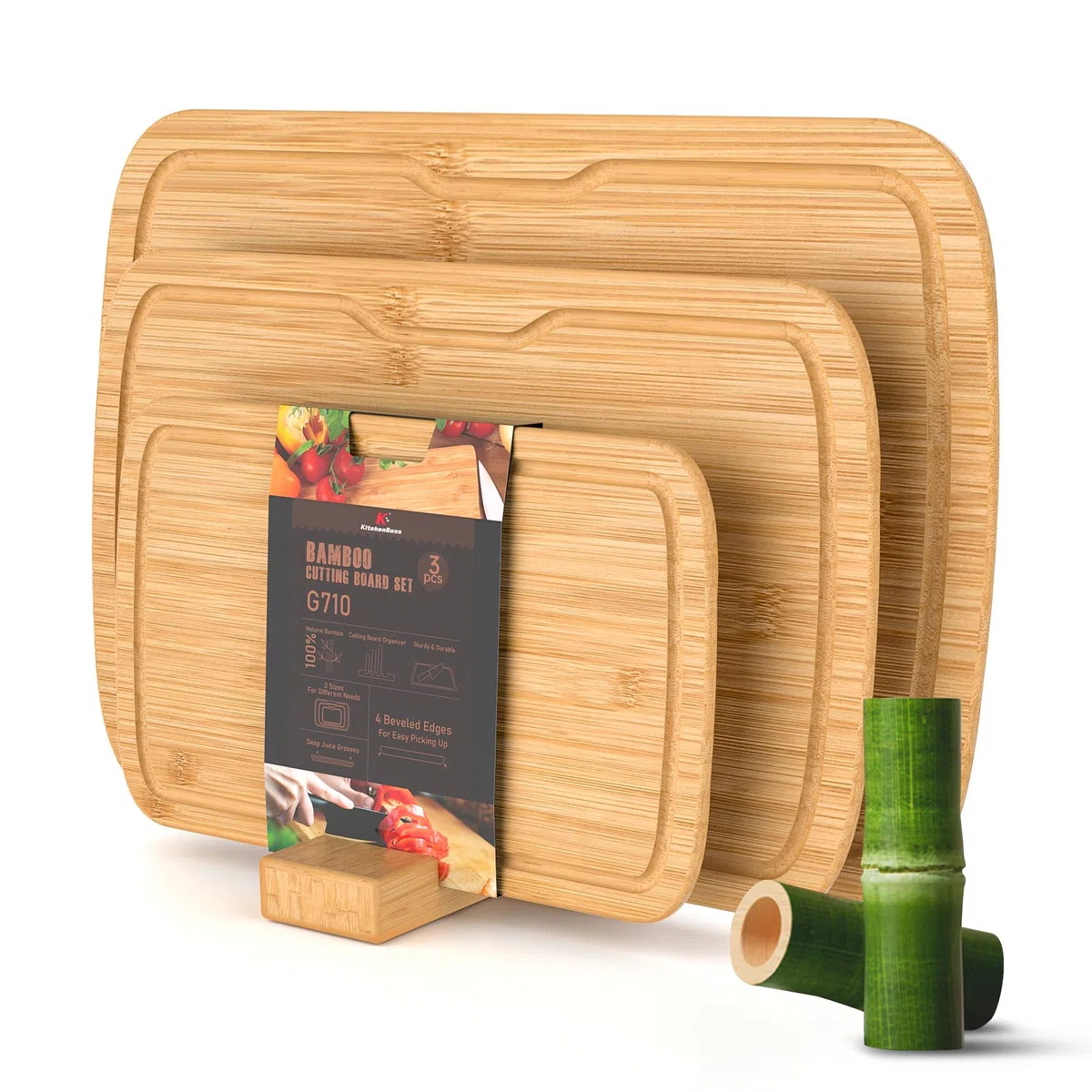 KitchenBoss Bambù Tagliere Legno con Scanalatura, Set di 3 Tagliere da Cucina38x25cm/33x20cm/25x15cm Cutting Board Duraturo per Carne, Verdure e Pane