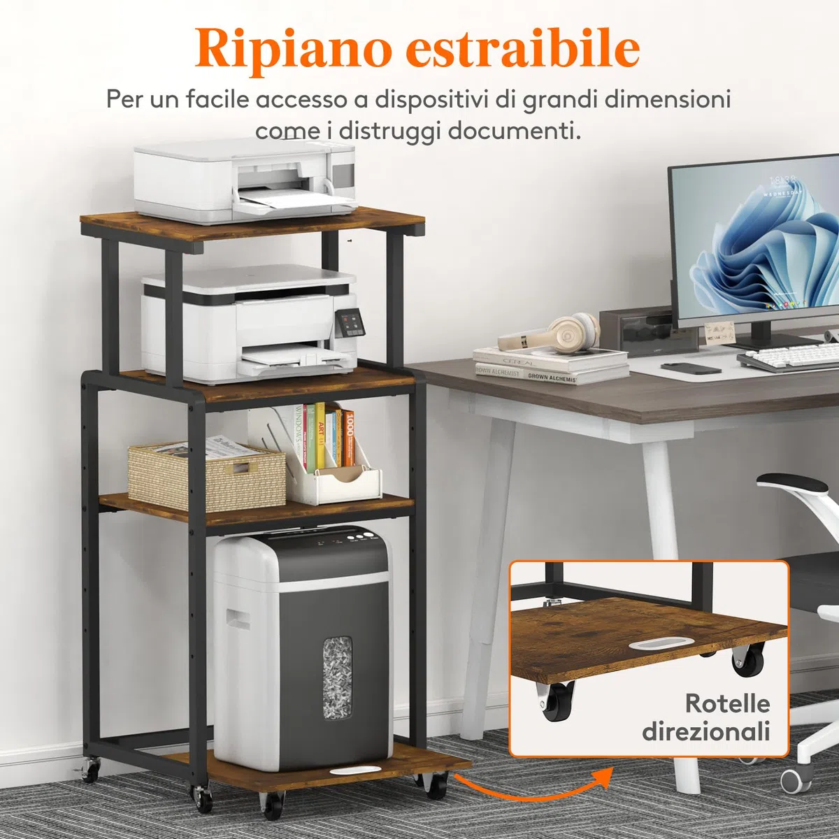 Lifewit Carrello per Stampante 4 Livelli con Ruote e Ripiano Regolabile, Supporto per Stampante per Ufficio Domestico, Carrello per Distruggi Documenti, Scanner, Marrone Rustico, 53x40x112cm