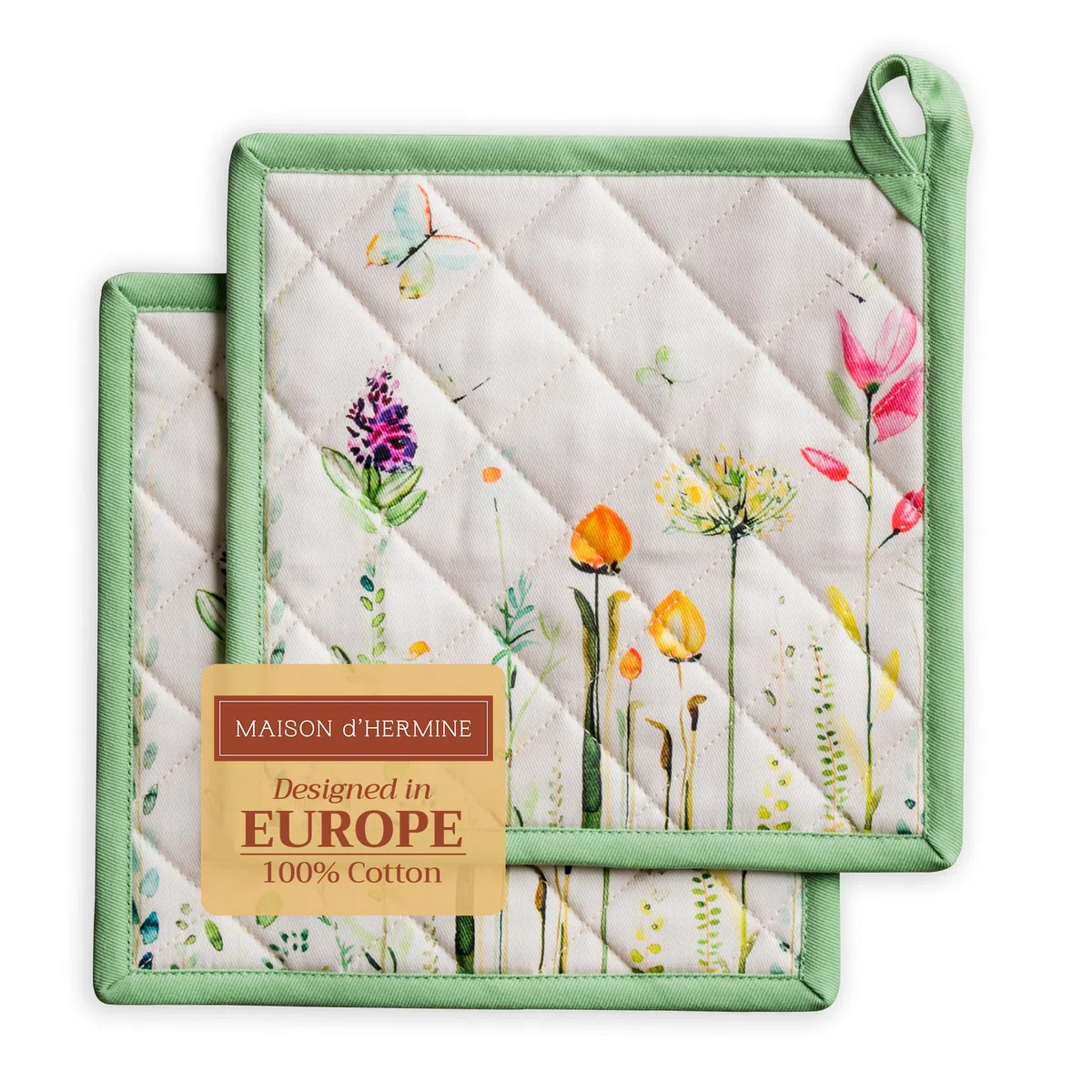 Maison d' Hermine Set di presine, 100% cotone, resistenti al calore, 20 cm x 20 cm, con anello per barbecue, per maneggiare padelle calde, Primavera Estate (Botanical Fresh, confezione da 2)