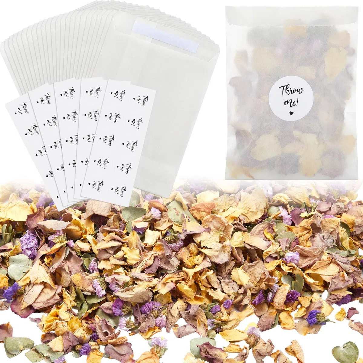 Tenare 50 Set di Sacchetti di Coriandoli di Fiori Secchi Kit per 45-50 Ospiti Include Petali Secchi Naturali di Rose Sacchetti di Carta Glassine Adesivi per Festa Anniversario Matrimonio (Carino)