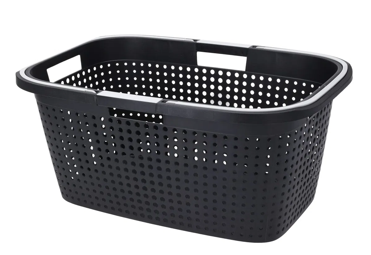 Cesto portabiancheria in plastica, 60 x 39 cm, colore nero, con manici pieghevoli, cesto per la biancheria, cestino per la spesa