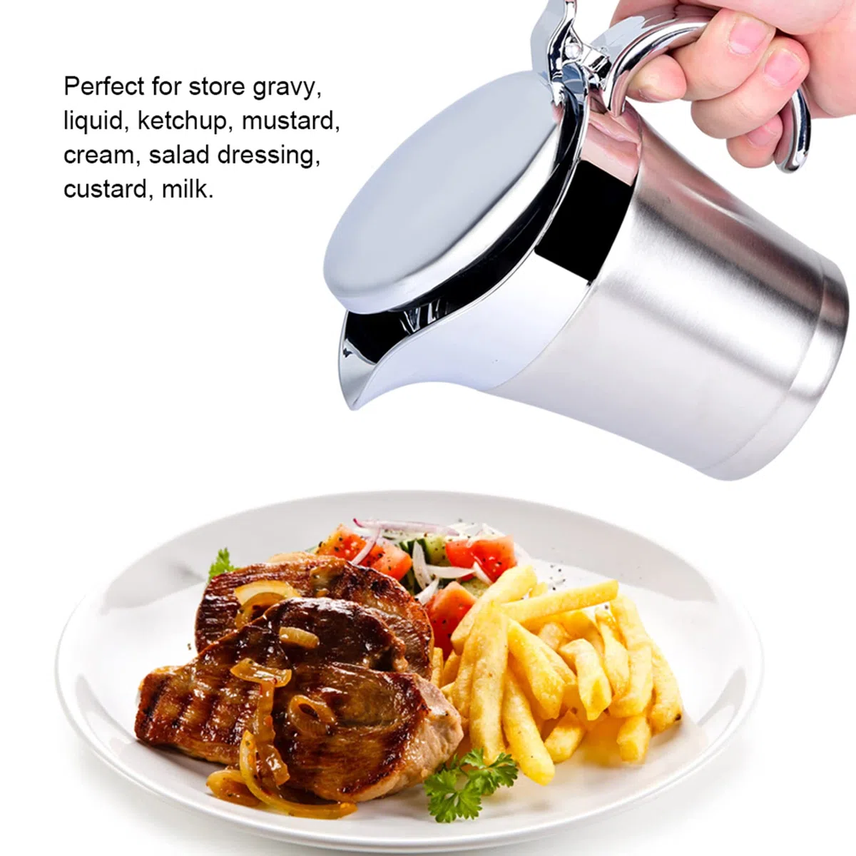 Salsiera in Acciaio Inox con Isolamento Termico a Doppia Parete Salsa Salsiera Tavolo da Pranzo Caraffa con Coperchio Salsa Ideale Pentola per Sugo, Panna, Crema Pasticcera(Small 450ml)