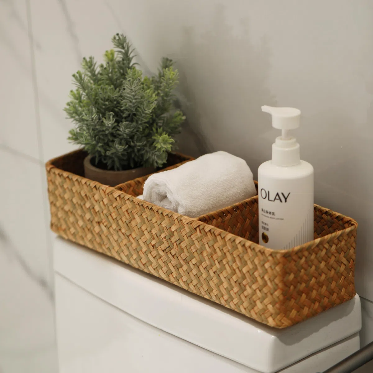 Cesta Portaoggetti Seagrass Scatola di Vimini Rettangolare con Scomparti per Organizzare di Carta Igienica Naturale (37cm x 12cm x 8cm)